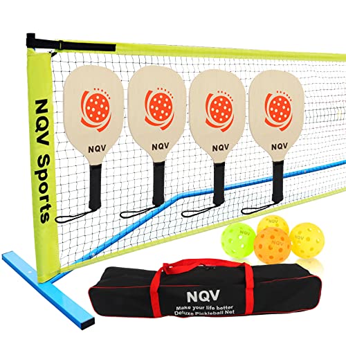 NQV Beginner Pickleball Set: 4 Wood Paddles, 22FT Net, 4 Balls, 1 Bag, 2 Chalks, Indoor/Outdoor
