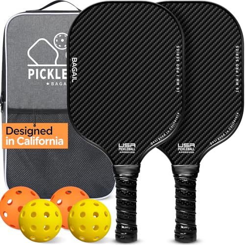 BAGAIL Pickleball Paddles, USAPA Approved Fiberglass Surface Pickleball Set, Lightweight Pickle Ball Rackets with 4 Balls, 1 Bag, Designed in California for Traction and Stability - 2 Pack, Black
