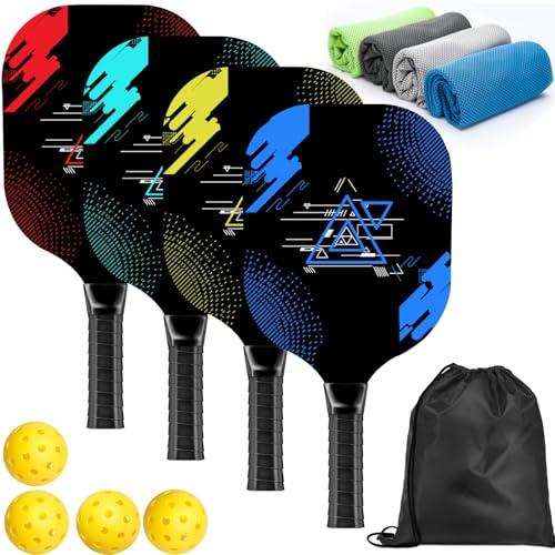 AOPOUL Pickleball Paddles Set of 4, Wood Pickleball Set with Comfort Grip | 4 Cooling Towels, 4 Pickleball Balls & Carry Bag. Cushion Grip Wood Paddle Set for Men, Women, Beginners & Family