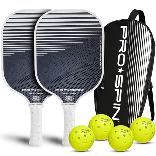 PRO-SPIN Carbon Fiber Pickleball Paddles Set of 2 | Lightweight Pickleball Set with Indoor/Outdoor Balls and Bag – Durable Pickle Ball Paddle Gift for Men, Women & Families (White, 2 Player)
