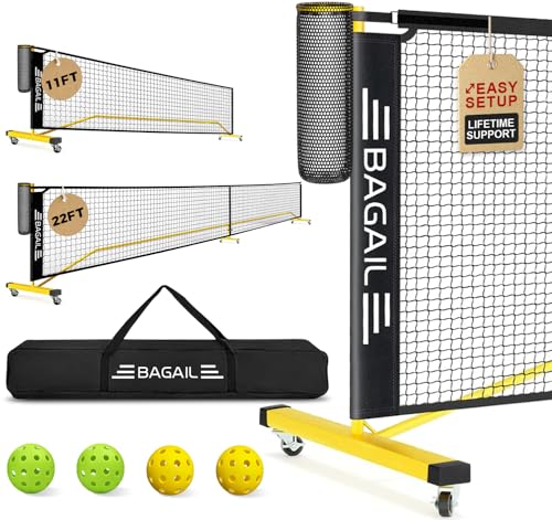 BAGAIL Portable Pickleball Net Set with Wheels, 22 FT Regulation Size & 11 FT Half Court Size 2-in-1 Pickle Ball Net with Ball Collector, Carry Bag, Easy Setup for Outdoor Indoor Driveway - Yellow