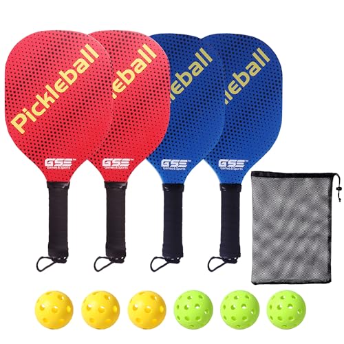 GSE Indoor/Outdoor Pickleball Paddles Set of 4 Lightweight Rackets, 6 Balls