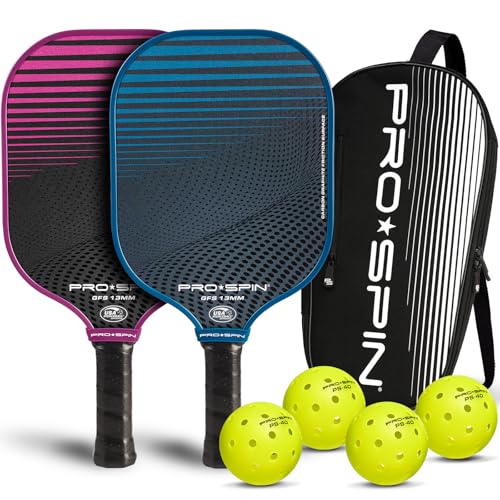 PRO-SPIN Carbon Fiber Pickleball Paddles Set of 2 | Lightweight Pickleball Set with Indoor/Outdoor Balls and Bag – Durable Pickle Ball Paddle Gift for Men, Women & Families (Blue/Pink, 2 Player)